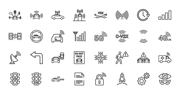 Automotive technology line icon set. Vector pictograms of connected cars, V2X communication, 5G, C-V2X, and safety warnings, thin linear illustration.