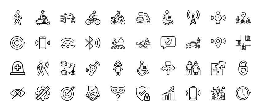 Smart technology and accessibility line icon set. Vector pictograms of pedestrians, vehicles, wireless signals, and safety concepts, thin linear illustration.