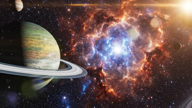 Explore the wonders of deep space with planets orbiting in colorful nebulae creating a dynamic cosmic dance, ideal for science documentaries