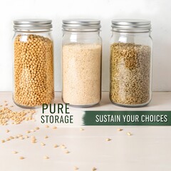 Jars containing grains showcased for pure storage and sustainable food choices