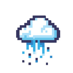 Pixel art illustration of a raining cloud, retro game style, digital artwork with soft blue and white tones representing precipitation and weather