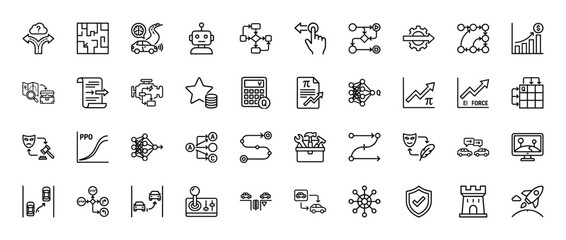 Artificial intelligence line icon set. Vector pictograms of decision-making, pathfinding, self-driving cars, and machine learning, thin linear illustration.