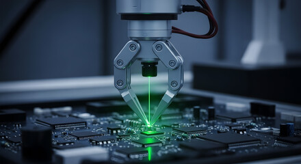 Robotic Arm with Green Laser Precisely Working on a Microchip Circuit Board automation technology