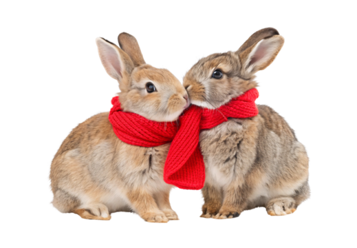Two rabbits sharing red knitted scarf, isolated on a transparent background - Powered by Adobe