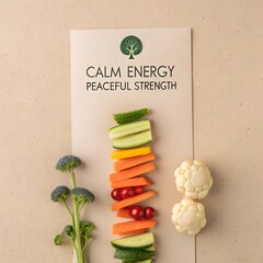 Stack of fresh vegetables displayed with a calm energy label