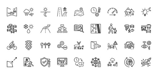 Autonomous vehicle technology line icon set. Vector pictograms of weather, traffic, road signs, and ai driving functions, thin linear illustration.