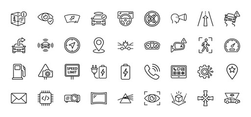 Automotive technology and driver assistance system line icon set. Vector pictograms of navigation, electric vehicle, safety, and warning signs, thin linear illustration.