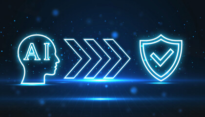 AI Security: Digital image of the artificial intelligence with a checkmark shield, symbolizing advanced cyber defense and network data protection.