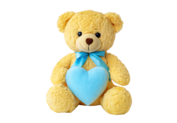 Yellow teddy bear with blue bow and heart, isolated on a transparent background