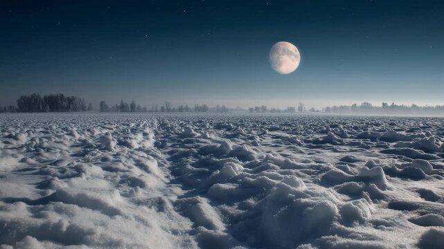 Serene Full Moon Over Snowy Landscape with Clear Night Sky and Bright Moonlight