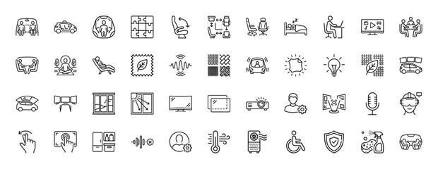 Automotive experience and vehicle comfort line icon set. Vector pictograms of passengers, seating, driver, meditation, temperature control, and display screens, thin linear illustration.