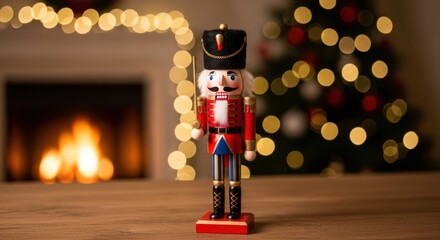Isolated wooden toy nutcracker soldier figurine is a Christmas ornament and a festive holiday decoration object