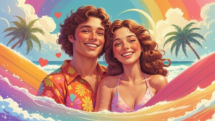 psychedelic 1970s-style valentine&rsquo;s day postcard featuring a fully clothed retro hippie couple surrounded by swirling rainbow patterns, neon hearts and groovy floral shapes