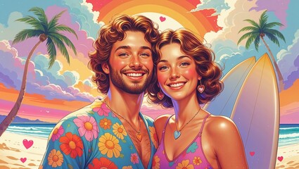 psychedelic 1970s-style valentine&rsquo;s day postcard featuring a fully clothed retro hippie couple surrounded by swirling rainbow patterns, neon hearts and groovy floral shapes