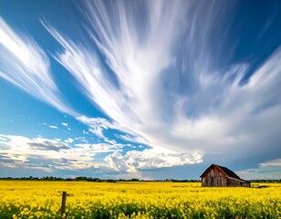 Vast canola field with old barn under dramatic, streaked sky