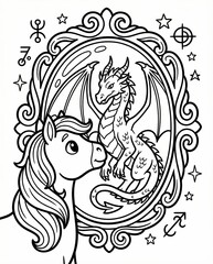 Fototapeta premium Enchanting Scene of a Dragon and a Pony in a Decorative Mirror Frame with Stars and Symbols