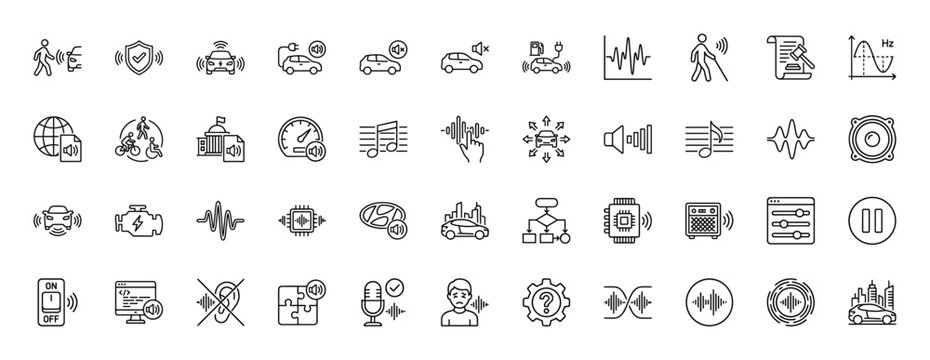 Acoustic vehicle alerting system line icon set. Vector pictograms of electric car, sound wave, speaker, pedestrian safety, mute, engine, volume, thin linear illustration
