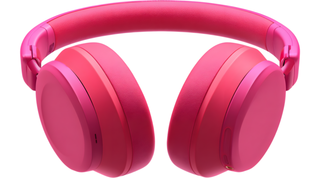 A close up view of pink wireless headphones with a padded headband and earcups on a black background