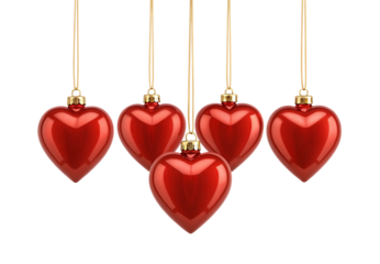 Red heart ornaments hanging with gold strings, isolated on a transparent background