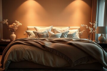 Bedroom interior with lighting.Brown bedding design