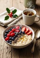 Christmas Oatmeal Breakfast with Hot Tea Holiday Wellness Start
