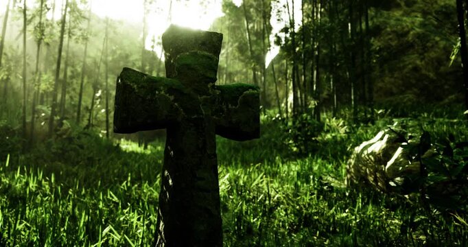 A moss covered cross stands alone in a vibrant green forest. Sunlight filters through the trees, casting a soft glow on the surrounding foliage and creating a tranquil atmosphere.
