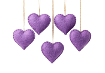 Purple felt hearts hanging on strings, isolated on a transparent background