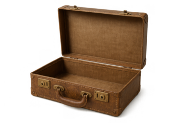 Brown leather suitcase, open and empty, signifying travel, adventure, new beginnings, or an opportunity on a transparent background