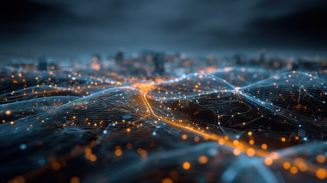 Digital Network Vista: An intricate network of glowing points and lines intertwines.
