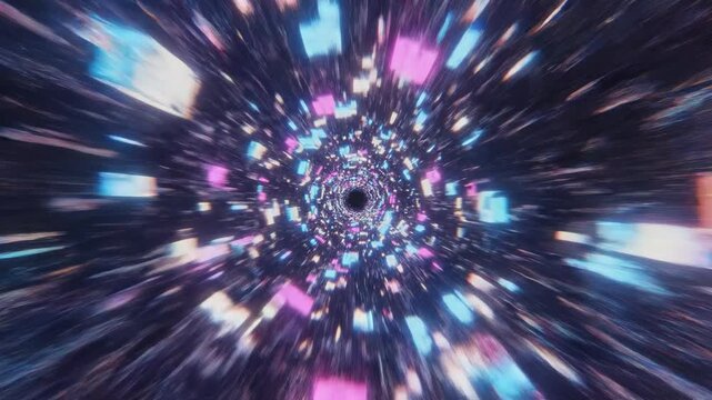 Fast paced motion graphic glitch tunnel composed of rapidly shifting geometric shapes and extreme chromatic aberration and spatial stretching fast paced, high tech, digital error