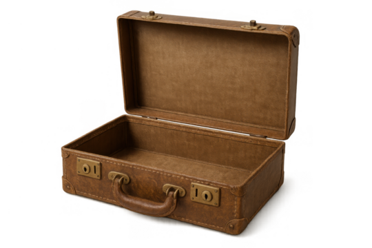 Brown leather suitcase, open and empty, signifying travel, adventure, new beginnings, or an opportunity on a transparent background - Powered by Adobe
