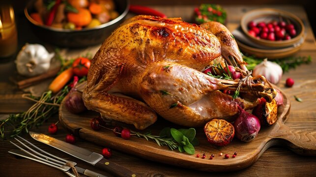 Rustic table scene with roasted turkey seasoned with herbs, lemon and roasted vegetables