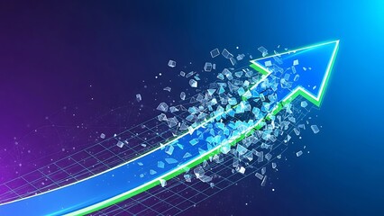 Dynamic upward arrow shattering, symbolizing growth, progress, and breakthrough on a futuristic digital grid background.