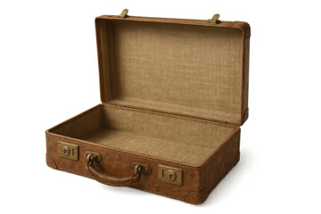 Brown vintage leather suitcase open and empty, ready for packing or unpacking, isolated against a transparent background