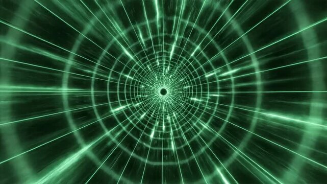 Futuristic technological geometric grid lines warping rapidly towards the center point creating a high-speed digital tunnel effect in glowing neon green background, clean, green