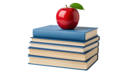 Red apple on stack of blue hardcover books