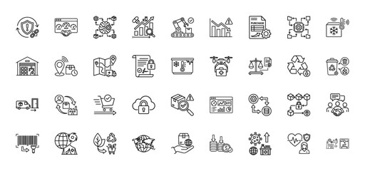 Logistics and supply chain line icon set. Vector pictograms of warehouse, delivery truck, drone, and security, thin linear illustration.