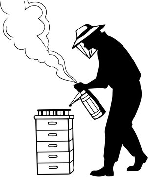 Beekeeper Silhouette &ndash; Smoking Hive with Protective Gear and Langstroth Boxes