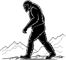 Fototapeta premium Bigfoot Silhouette – Cryptid Walking Through Mountain Wilderness