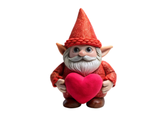 Cheerful garden gnome holding bright pink heart wearing red outfit, isolated on a transparent background