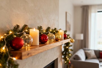 Christmas Mantel With Candles and Ornaments in Cozy Living Room