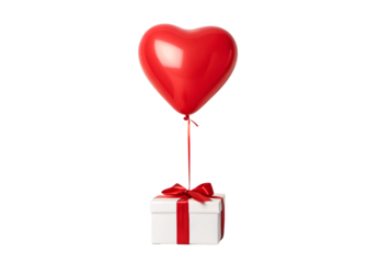 Red heart balloon attached to white gift box ribbon, isolated on a transparent background