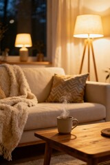 Cozy Living Room With Steaming Mug and Warm Lamp Ligh