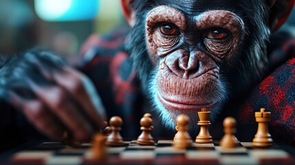 A contemplative chimpanzee ponders its next move on a chessboard, emphasizing both the depth of animal thinking and the significance of strategic decision-making in gameplay dynamics.