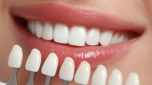 White tooth shade guide used in real estate property dental comparison showing bright smile and glossy lips