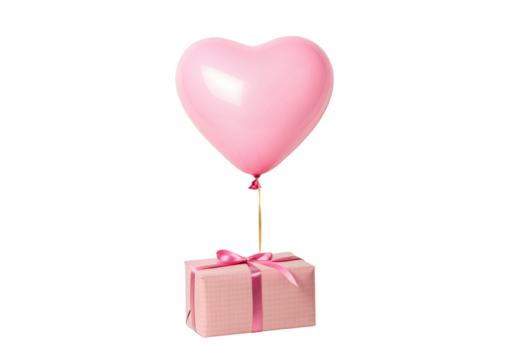 Pink heart balloon tied to wrapped gift box, isolated on a transparent background - Powered by Adobe