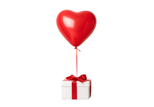 Red heart balloon attached to white gift box ribbon, isolated on a transparent background - Powered by Adobe
