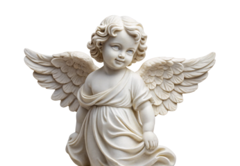 White porcelain cherub angel statue with outstretched wings and curly hair, isolated on a transparent background