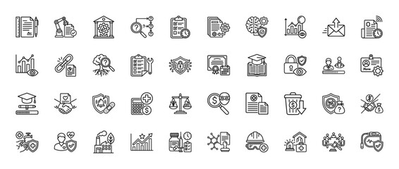 Fototapeta premium Compliance and audit line icon set. Vector pictograms of legal, fraud, healthcare policy, risk, investigation, medical insurance, safety, thin linear illustration.