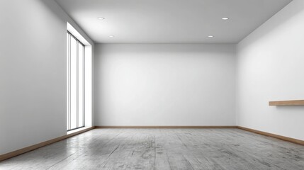 Minimalist interior space features stark white walls, weathered wooden flooring, and abundant natural light from a tall window